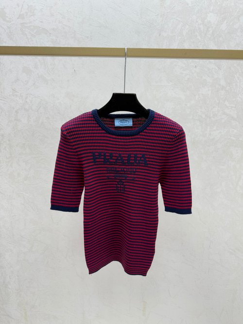 Prada Color-blocked Letter Striped Round-neck Knit Top