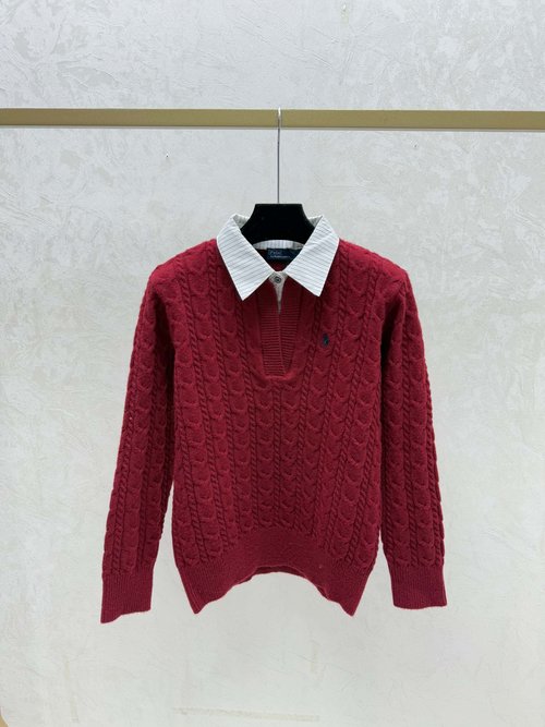 Polo Ralph Lauren Contrast Color Lapel Apricot, Red and Gray Knit Long Sleeve