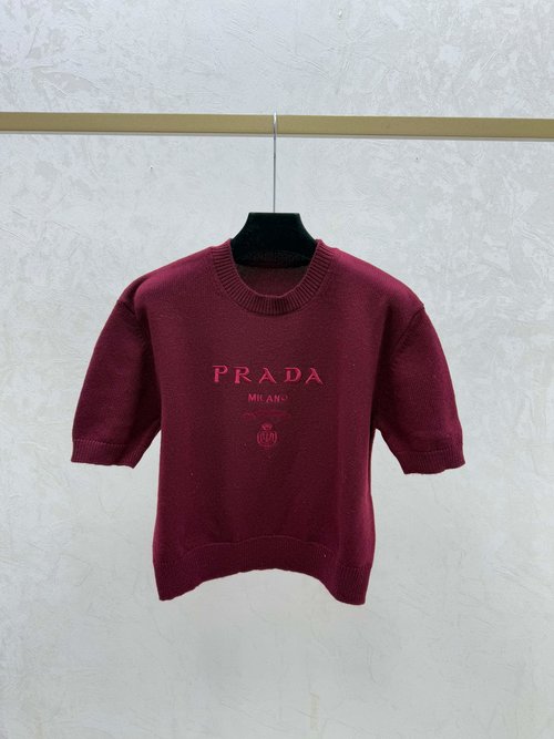 Prada Contrast Color Letter Round Collar Knit Short Sleeve in Gray, Red, Black