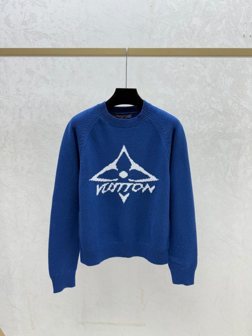 Louis Vuitton Contrast Color Letter Round Collar Long Sleeve Knit in Khaki & Royal Blue