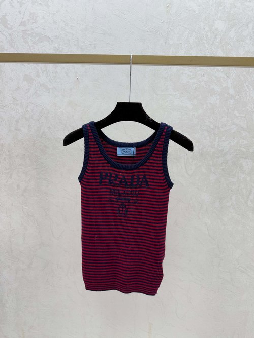 Prada Contrast Stripe Round Neck Knit Vest in Navy and Red