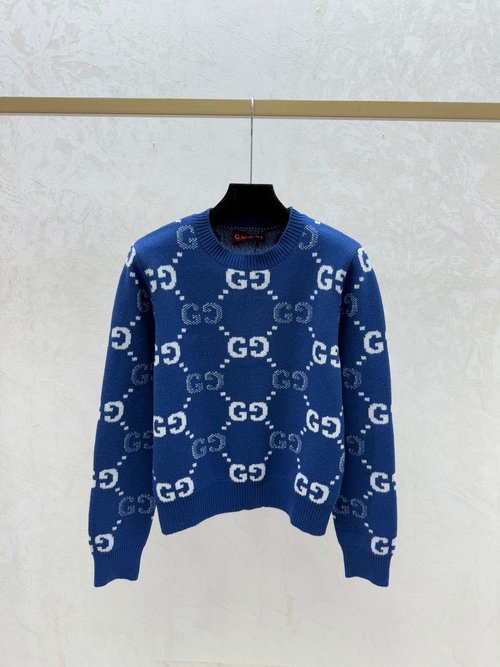 Gucci Contrasting Khaki and Blue Floral Letter Round Neck Knit Long Sleeve