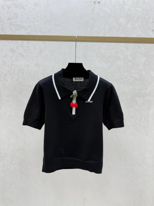 Miu Miu Contrasting White, Red and Black Cherry Collar Knit Short Sleeve