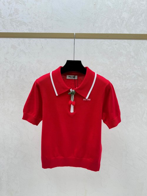 Miu Miu Contrasting White, Red and Black Cherry Collar Knit Short Sleeve