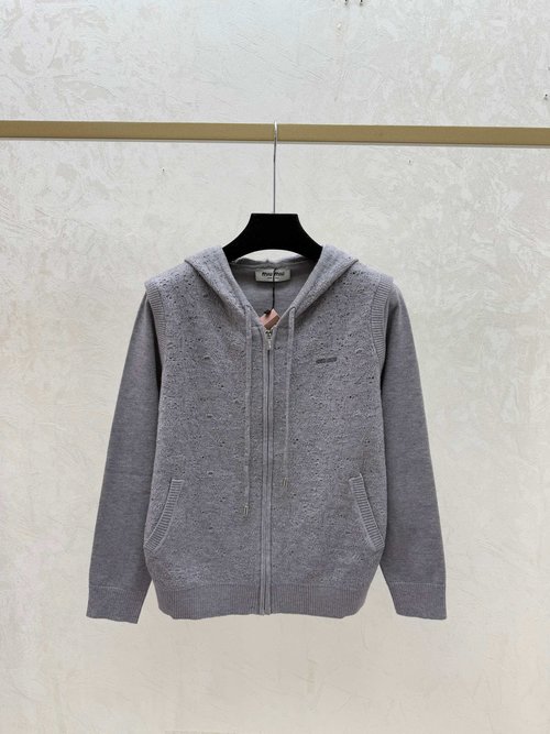 Miu Miu Solid Color Apricot, Gray and Red Hooded Knit Long Sleeve Cardigan