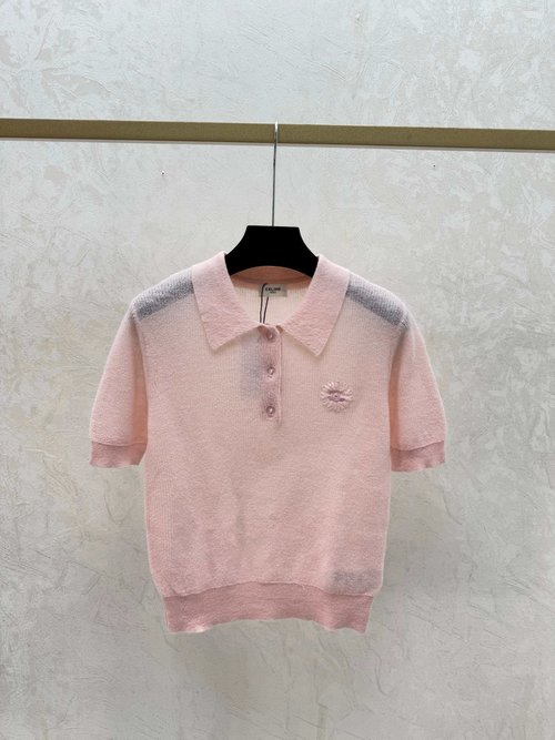 Celine Solid Color Collar Short Sleeve in White and Pink