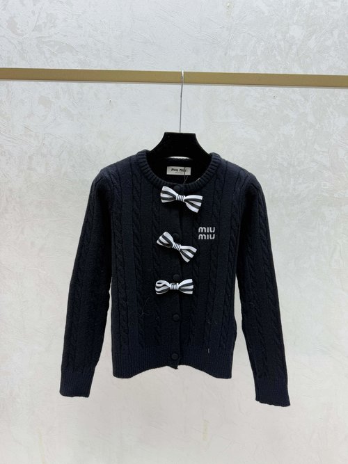 Miu Miu Contrasting Bowknot Round-Neck Long-Sleeve Knit Cardigan in White, Black