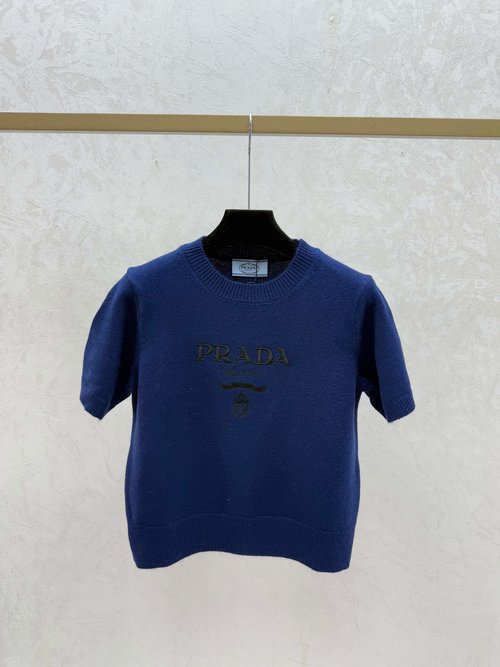 Prada White and Royal Blue Color-Blocked Letter Knit Short-Sleeved Top