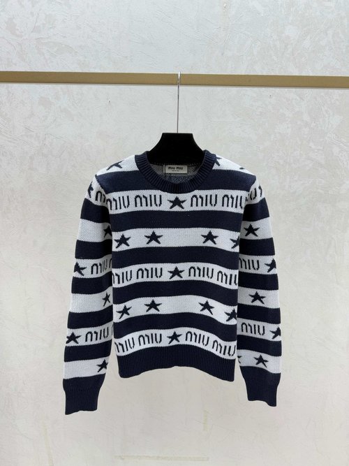 Miu Miu Khaki and Blue Contrasting Star & Letter Striped Knit Long Sleeve