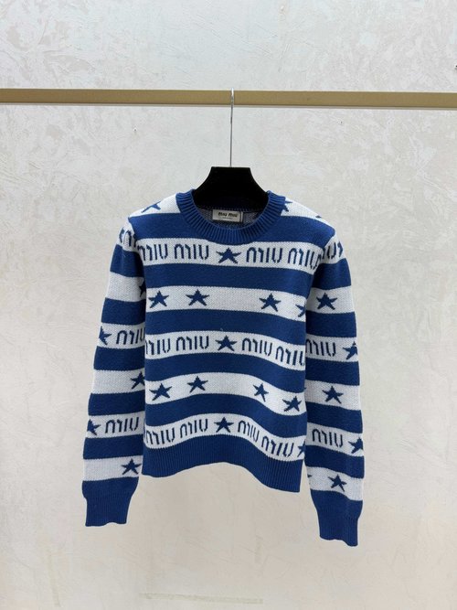 Miu Miu Khaki and Blue Contrasting Star & Letter Striped Knit Long Sleeve