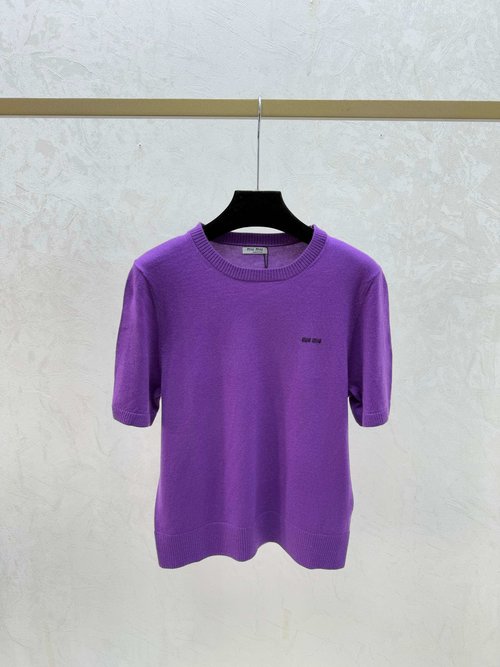 Miu Miu Solid Color Simple Round Neck Knit Short Sleeve in Apricot, Green & Purple