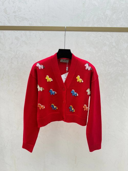 Hermes Contrast Color V-Neck Knitted Long Sleeve Cardigan in White, Red & Black