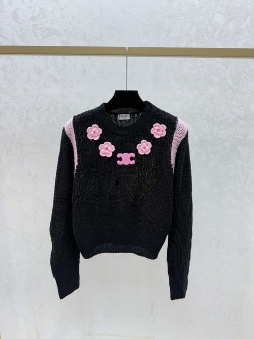 Celine Contrast Color Floral Round Neck Long-sleeve Knit in White & Black