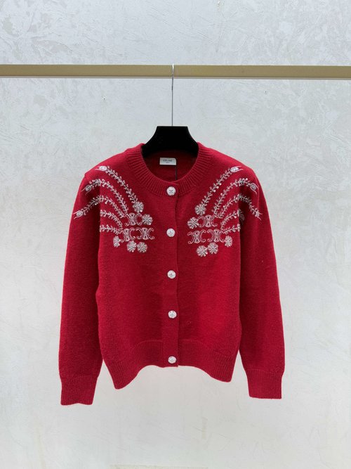 Celine Contrast Color Studded Round Neck Long-sleeve Knit Cardigan in White & Red