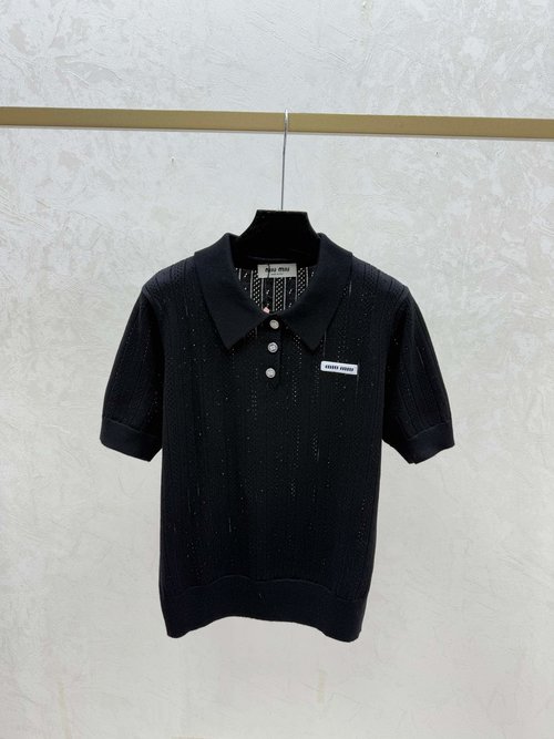 Miu Miu White, Gray, Black Solid Color Hollowed Turn-Down Collar Knit