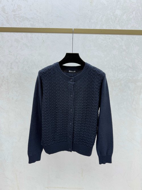 Miu Miu Solid Color Hollowed-Out Round-Neck Long Sleeve Cardigan in White, Red