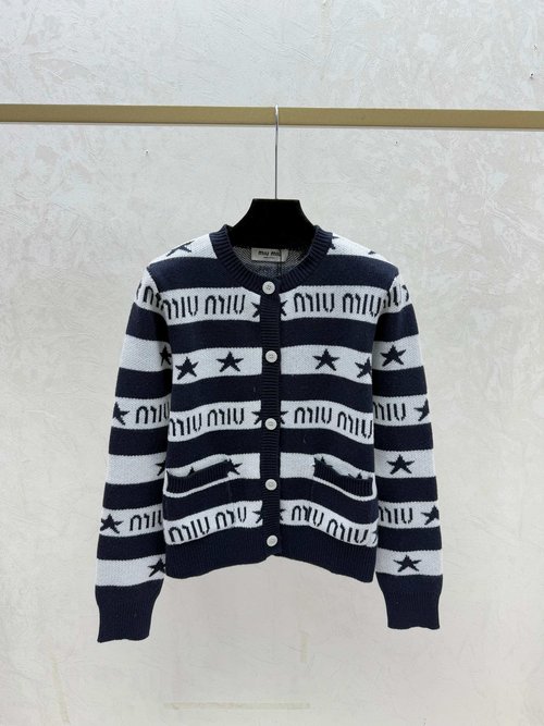 Miu Miu Color-Blocked Star & Letter Striped Round-Neck Cardigan in Khaki, Blue
