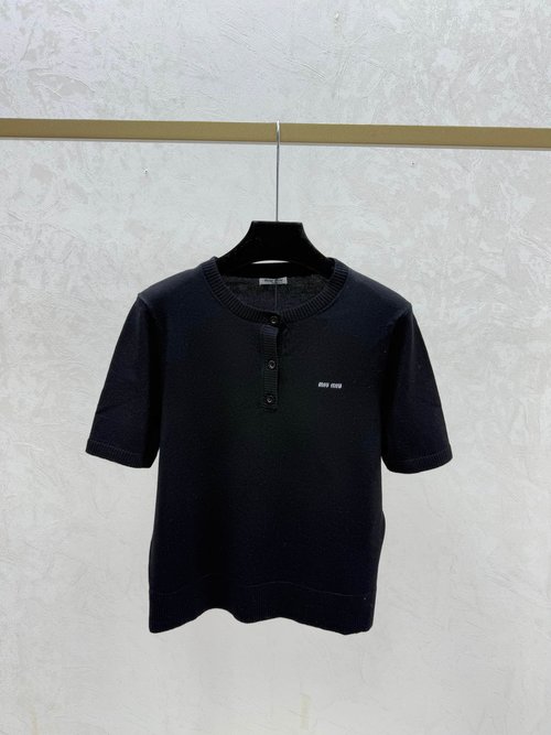 Miu Miu Solid Color Round Neck Knitted Short Tops