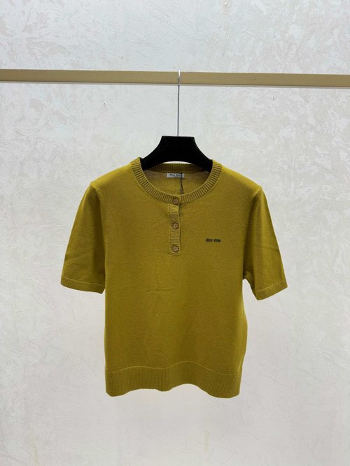 Miu Miu Solid Color Round Neck Knitted Short Tops