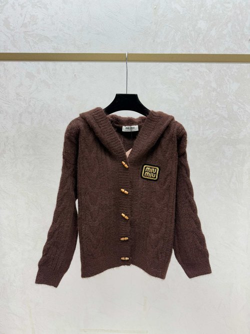 Miu Miu Solid Hooded Minimalist Knitted Cardigan, White or Coffee
