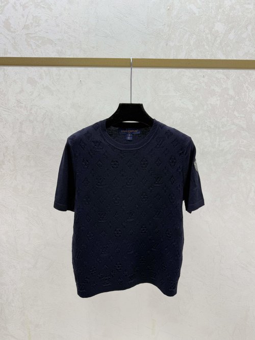 Louis Vuitton Solid Color Vintage Letter Round Neck Knit Short Sleeve in White & Black