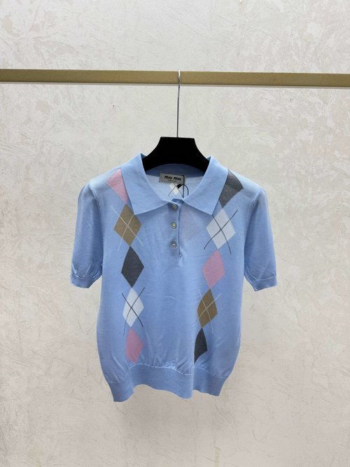 Miu Miu Contrast Color Checked Collar Knit Short Sleeve in Pink, Blue & Gray