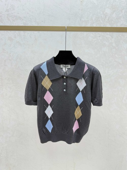 Miu Miu Contrast Color Checked Collar Knit Short Sleeve in Pink, Blue & Gray