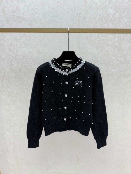 Miu Miu Solid Color Beaded Collar Blue & Black Knit Long Sleeve Cardigan