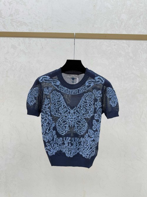 Dior Round Neck Knit Short Sleeve with Butterfly Embroidery