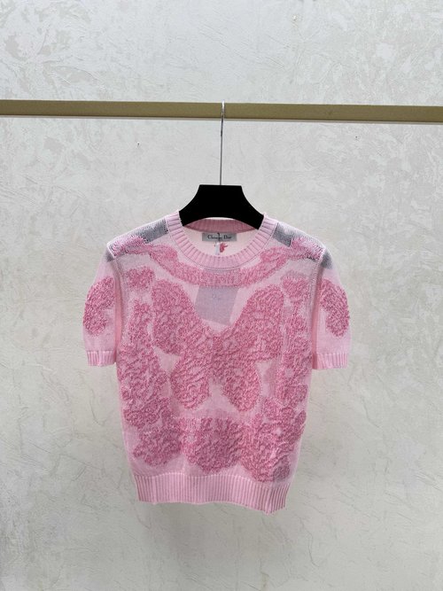 Dior Round Neck Knit Short Sleeve with Butterfly Embroidery