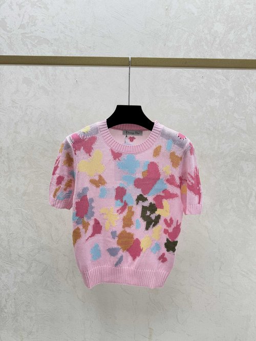 Dior White & Pink Contrasting Butterfly Jacquard Knit Top