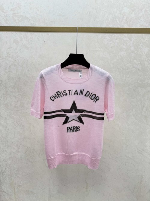 Dior Color - Blocked Star - Letter Round - Neck Short - Sleeve Knit