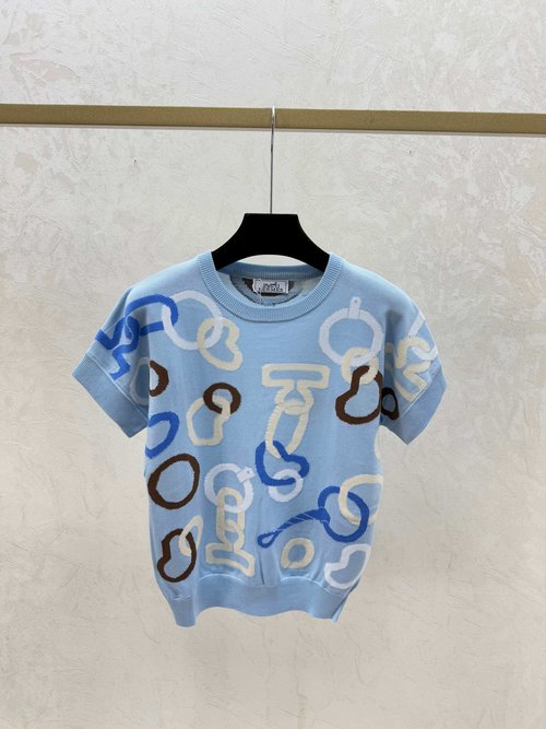 Hermes Color-Blocked Round-Neck Knit Short-Sleeve in Khaki and Blue