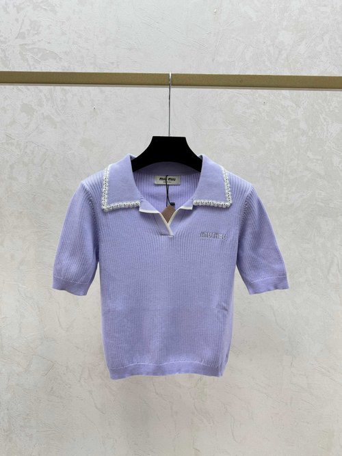 Miu Miu Embroidered Solid - Color Knit Short - Sleeve in Pink, Purple & Blue