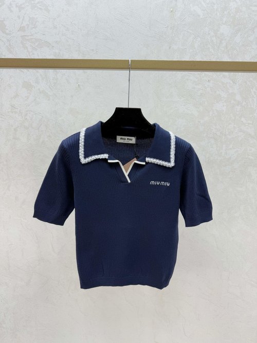 Miu Miu Embroidered Solid - Color Knit Short - Sleeve in Pink, Purple & Blue