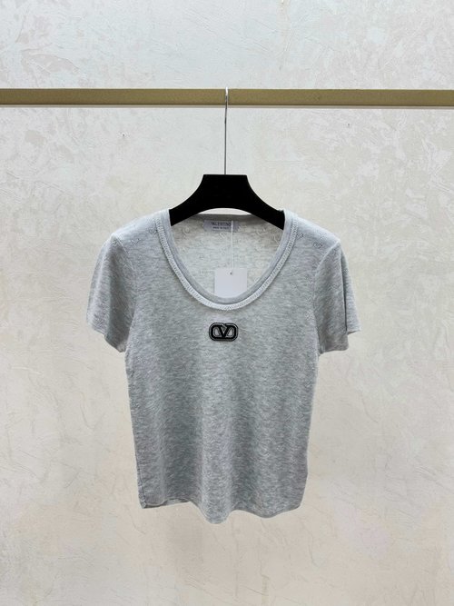 Valentino Apricot, Purple and Grey Solid Color Round Neck Knit Top