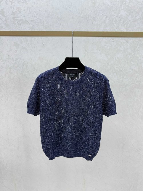 Chanel Pink & Navy Blue Solid Color Hollow Crew Neck Knit Short Sleeve