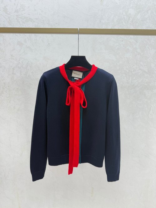 Gucci Color - Blocked Bow Tie Round Neck Knit Long Sleeve Cardigan in White, Red & Royal Blue