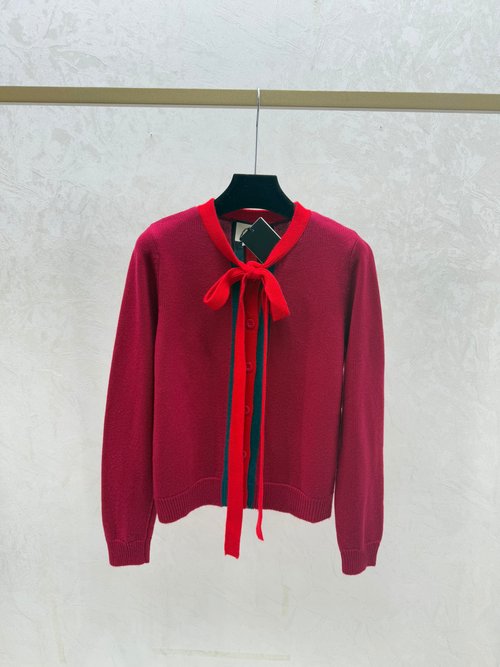 Gucci Autumn Color - Blocked Bow Tie Round Neck Cardigan
