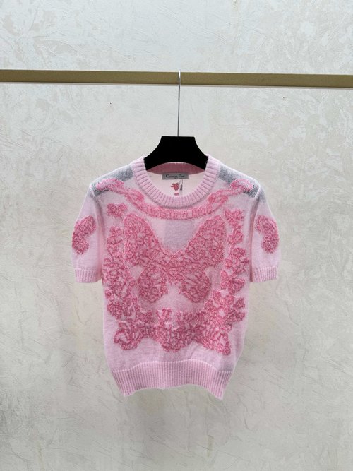Dior Color - Blocked Butterfly Jacquard Round Neck Knit Short Sleeve in White & Pink
