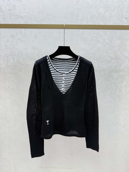 Dior White, Yellow and Black Knitted Long Sleeve Top with Fake Two-piece