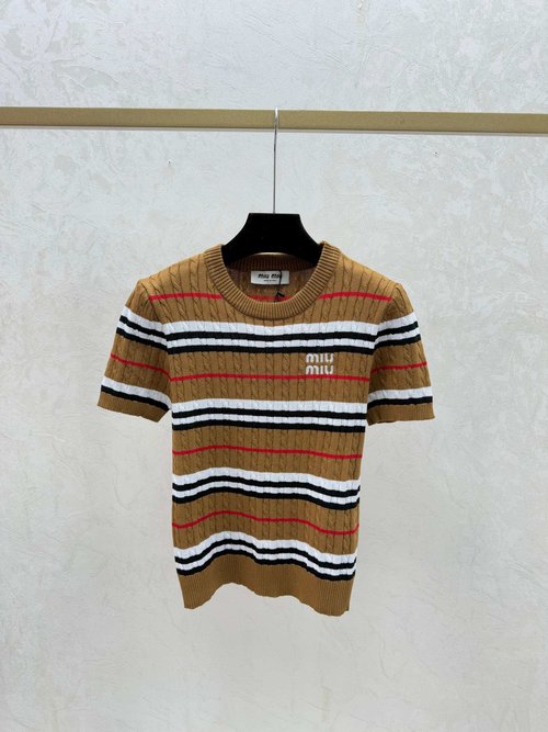 Miu Miu White and Khaki Round Neck Knitted Short Sleeve Top with Stripes