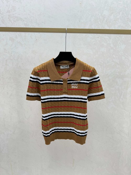 Miu Miu White and Khaki Collared Knitted Short Sleeve Top with Stripes