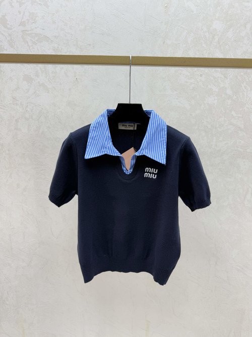 Miu Miu Coffee & Royal Blue Color-blocked Collar Knitted Short Sleeve