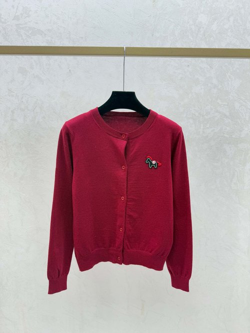 Gucci Pink, Apricot & Red Solid-color Pony Round-neck Knitted Cardigan