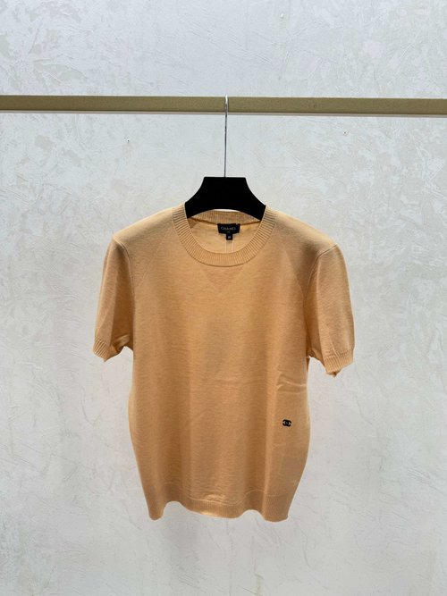 Chanel Solid Color Round Neck Knitted Short Sleeve in Yellow, Khaki and Gray