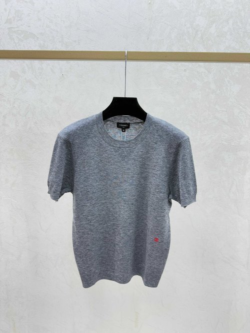 Chanel Solid Color Round Neck Knitted Short Sleeve in Yellow, Khaki and Gray