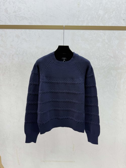 Chanel White, Royal Blue and Black Solid 3D Striped Round Neck Knit Long Sleeve