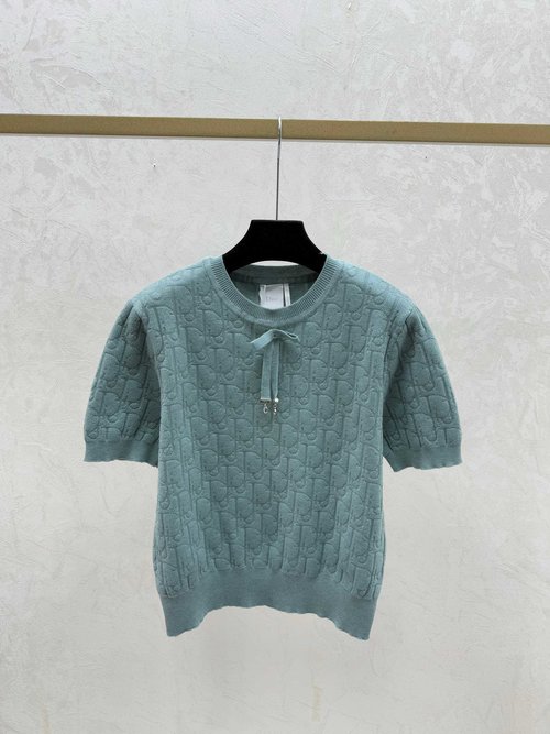 Dior White, Green & Royal Blue Contrast-Color Monogram Round-Neck Top