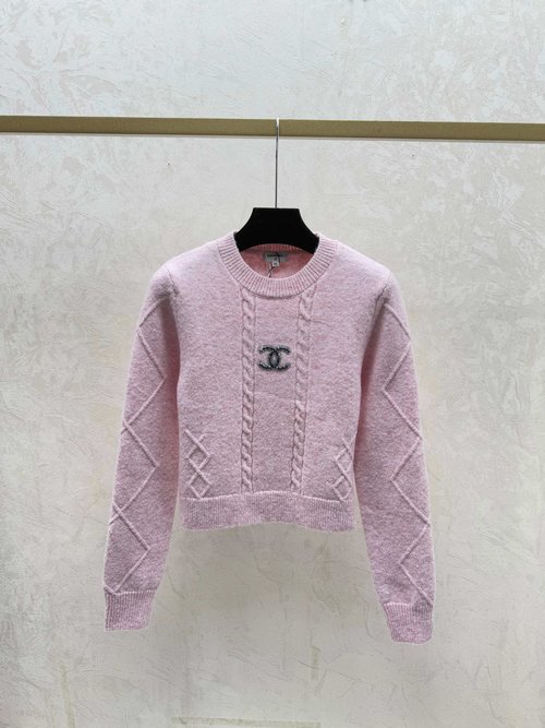 Chanel White, Pink & Grey Solid-Color Simple Round-Neck Knit Top